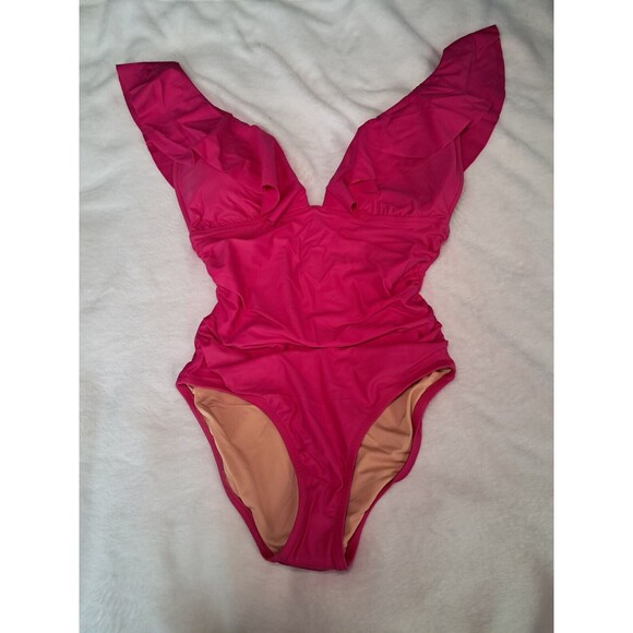 J.Crew Ruched Ruffle One Piece Swimsuit Fuchsia Pink Beach BP222 Size 10 NWT - Picture 5 of 9